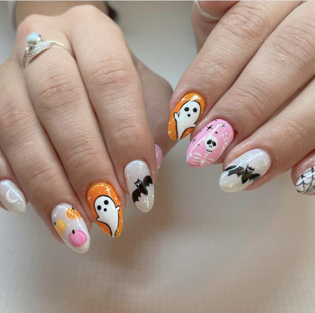 Ghosts, Bats, and Skeletons Nail Art