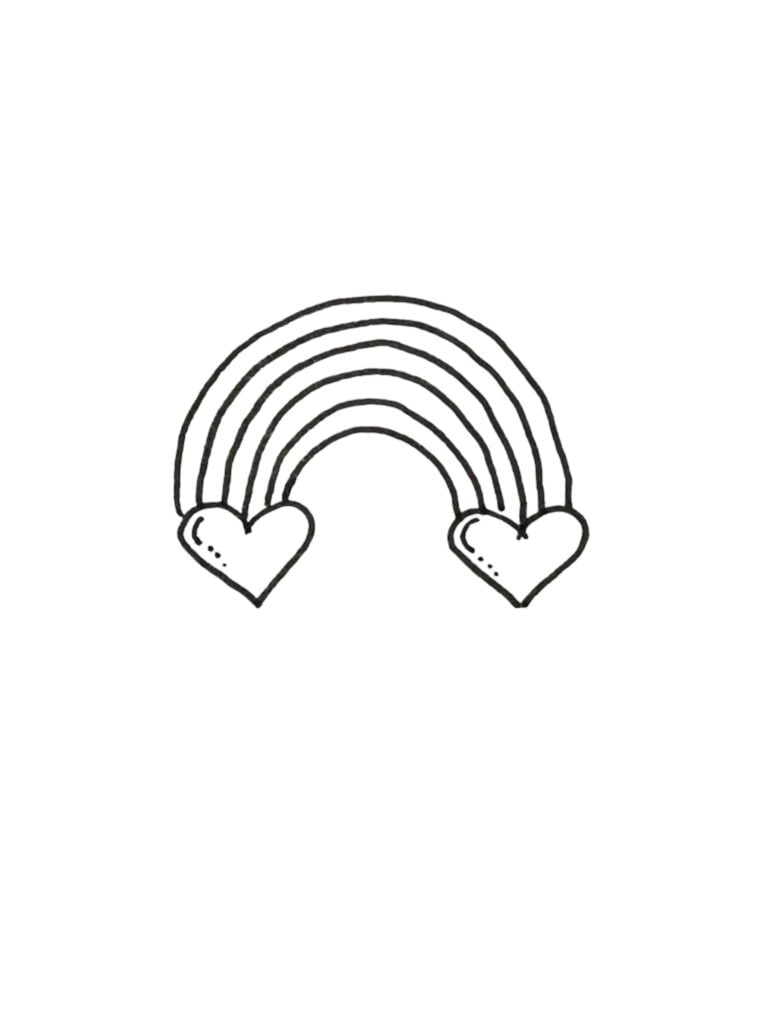 Drawing of a rainbow with hearts on the ends.